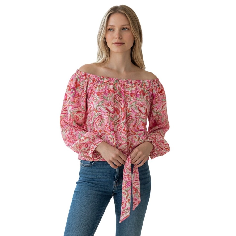 Vince Camuto Fresh Tropics Off Shoulder Tie Hem Blouse Pink Paisley 91325116 XS